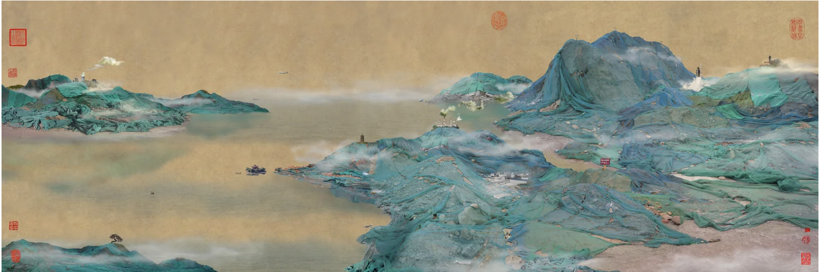 A traditional Chinese landscape painting made using trash and photography. 